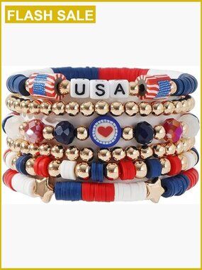 Heishi Clay Bead Stretch Bracelets Set of 6 Patriotic Star Tassel Bangle